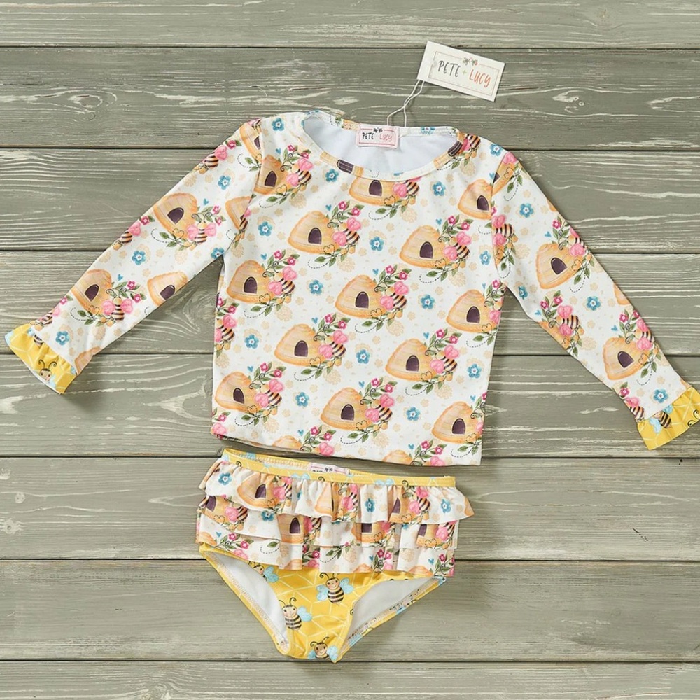 Kids Swim Set with Floral and Beehive Print